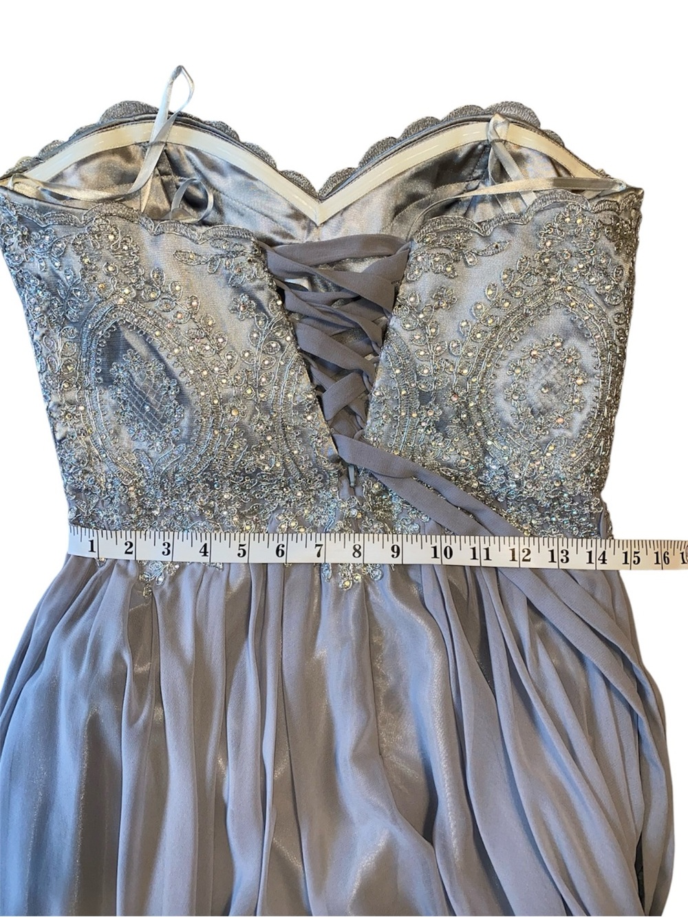 Strapless Grey-Blue Prom Evening Gown with Sweatheart Neckline and Corset Back - Picture 12 of 16